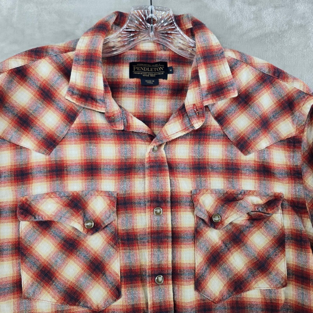 Pendleton Western Flannel Shirt Mens Medium Red Plaid Pearl Snap  Long Sleeve